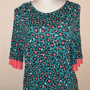 Emerald Teal and Coral Leopard Print Blouse